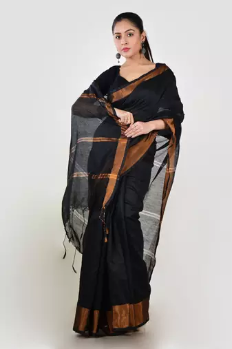 Aakar black linen saree with unstitched blouse piece