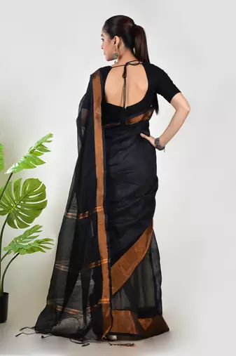 Aakar black linen saree with unstitched blouse piece