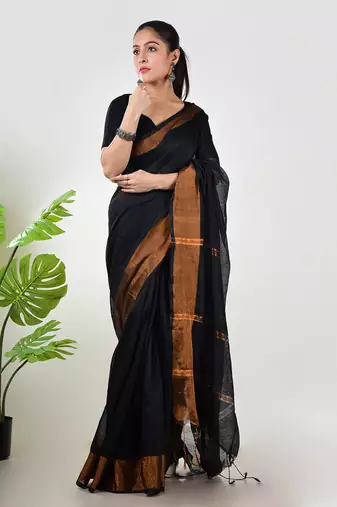 Aakar black linen saree with unstitched blouse piece