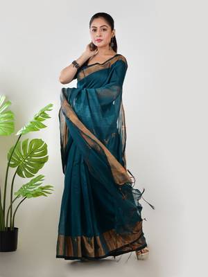 Aakar turquoise linen saree with unstitched blouse piece 1