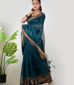 Aakar turquoise linen saree with unstitched blouse piece