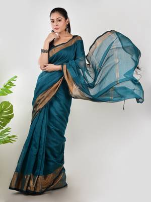 Aakar turquoise linen saree with unstitched blouse piece 2