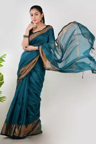 Aakar turquoise linen saree with unstitched blouse piece
