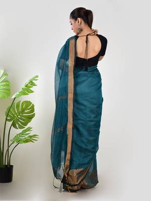 Aakar turquoise linen saree with unstitched blouse piece 3