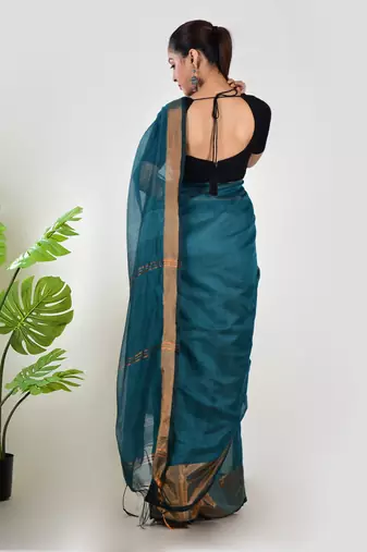 Aakar turquoise linen saree with unstitched blouse piece
