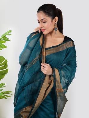Aakar turquoise linen saree with unstitched blouse piece 4