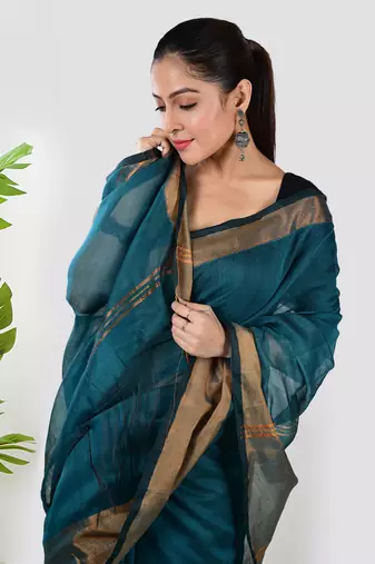 Aakar turquoise linen saree with unstitched blouse piece