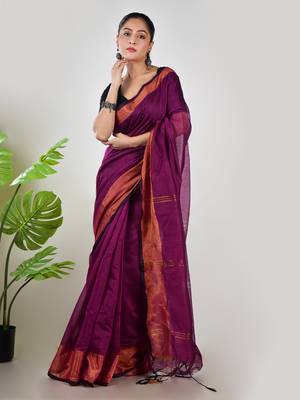 Aakar purple linen saree with unstitched blouse piece 1