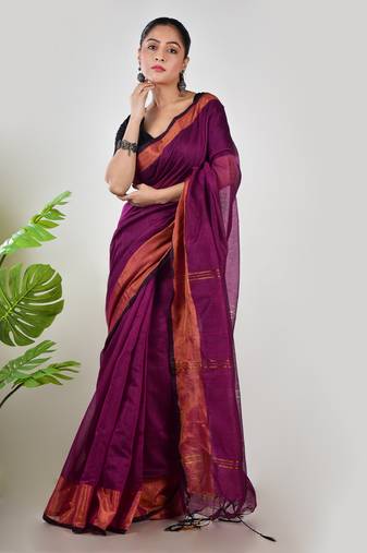 Aakar purple linen saree with unstitched blouse piece