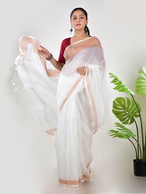 Aakar white linen saree with unstitched blouse piece 1