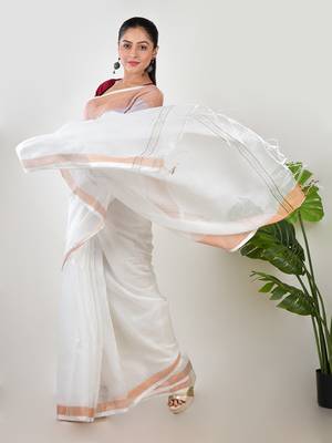 Aakar white linen saree with unstitched blouse piece 2