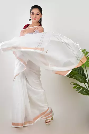 Aakar white linen saree with unstitched blouse piece