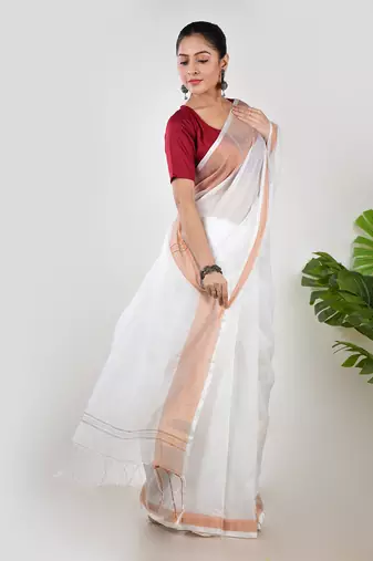 Aakar white linen saree with unstitched blouse piece