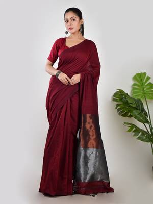 Aakar maroon linen saree with unstitched blouse piece 1