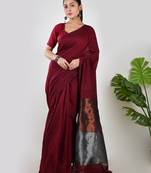 Aakar maroon linen saree with unstitched blouse piece