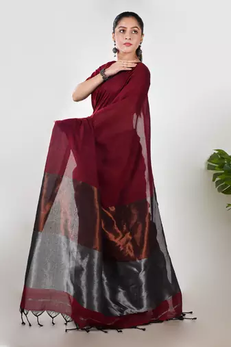 Aakar maroon linen saree with unstitched blouse piece