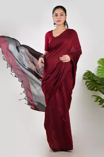Aakar maroon linen saree with unstitched blouse piece