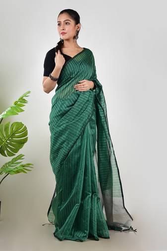 Aakar  green linen saree with unstitched blouse piece