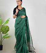 Aakar  green linen saree with unstitched blouse piece