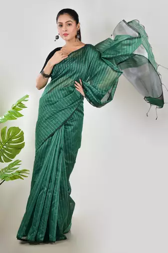 Aakar  green linen saree with unstitched blouse piece