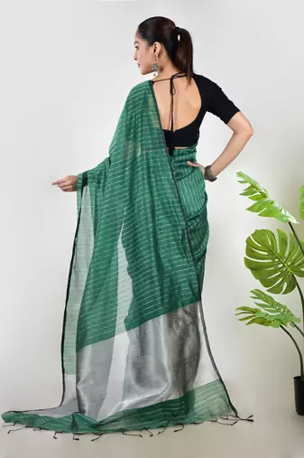 Aakar  green linen saree with unstitched blouse piece