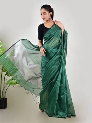 Aakar  green linen saree with unstitched blouse piece 4