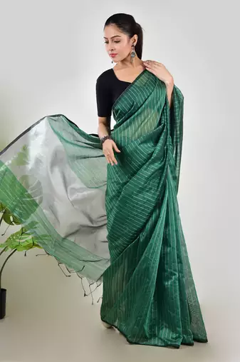 Aakar  green linen saree with unstitched blouse piece
