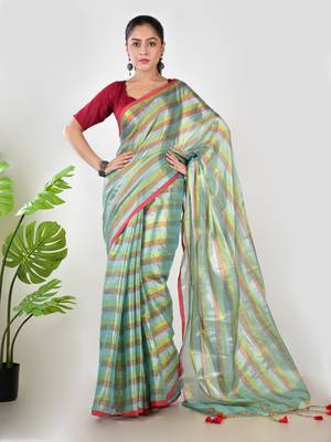Aakar green multi color tissue saree with unstitched blouse piece 1