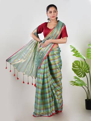 Aakar green multi color tissue saree with unstitched blouse piece 2