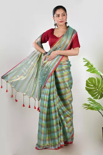 Aakar green multi color tissue saree with unstitched blouse piece