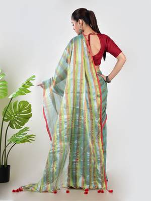 Aakar green multi color tissue saree with unstitched blouse piece 3
