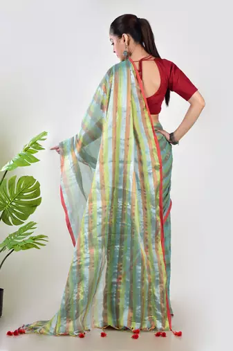 Aakar green multi color tissue saree with unstitched blouse piece