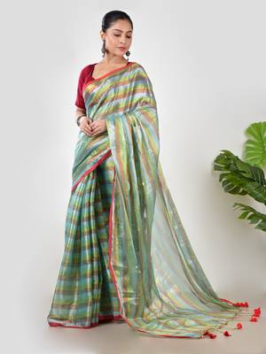Aakar green multi color tissue saree with unstitched blouse piece 4