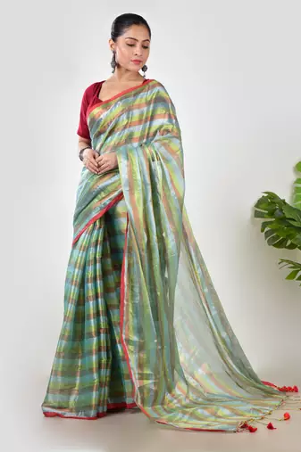 Aakar green multi color tissue saree with unstitched blouse piece