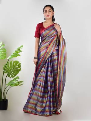 Aakar purple multi color tissue saree with unstitched blouse piece 1