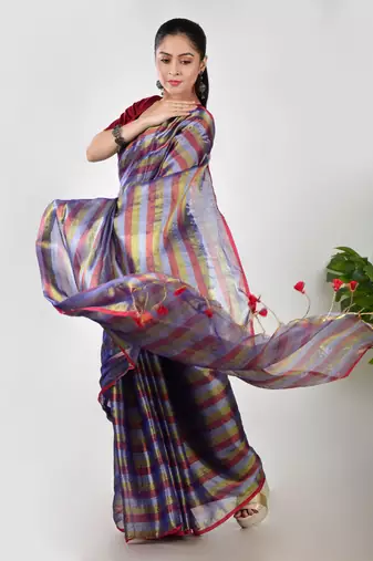 Aakar purple multi color tissue saree with unstitched blouse piece