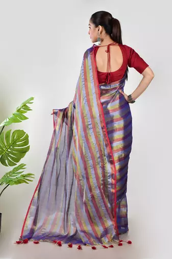 Aakar purple multi color tissue saree with unstitched blouse piece