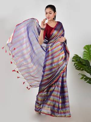 Aakar purple multi color tissue saree with unstitched blouse piece 4