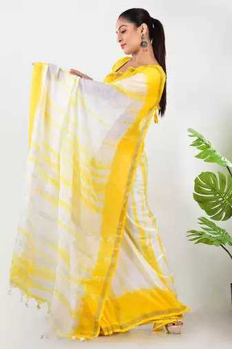 Aakar yellow mul cotton saree with unstitched blouse piece