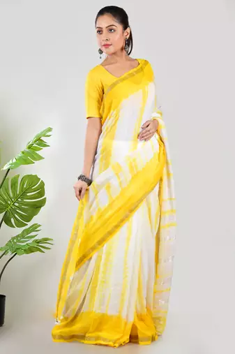 Aakar yellow mul cotton saree with unstitched blouse piece