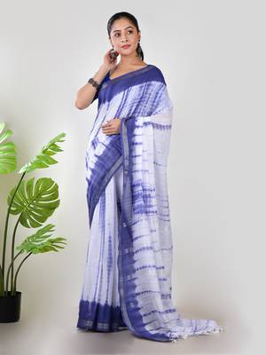 Aakar blue mul cotton saree with unstitched blouse piece 1