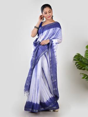 Aakar blue mul cotton saree with unstitched blouse piece 2