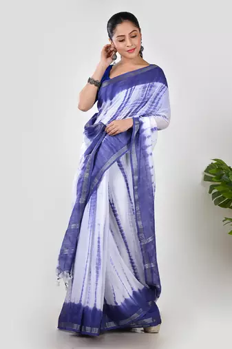 Aakar blue mul cotton saree with unstitched blouse piece