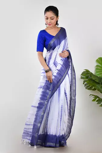 Aakar blue mul cotton saree with unstitched blouse piece