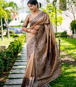 Beige handloom raw silk with pallu weaving saree with unstitched blouse