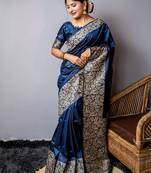 Blue handloom raw silk with pallu weaving saree with unstitched blouse