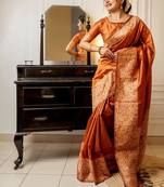 Orange raw silk saree for women