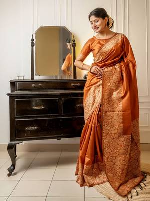 Orange raw silk saree for women 2