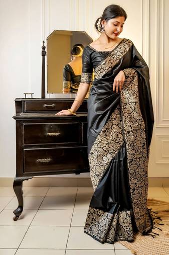 Black raw silk saree for women