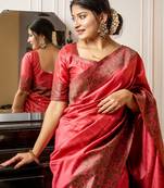 Red handloom raw silk with pallu weaving saree with unstitched blouse